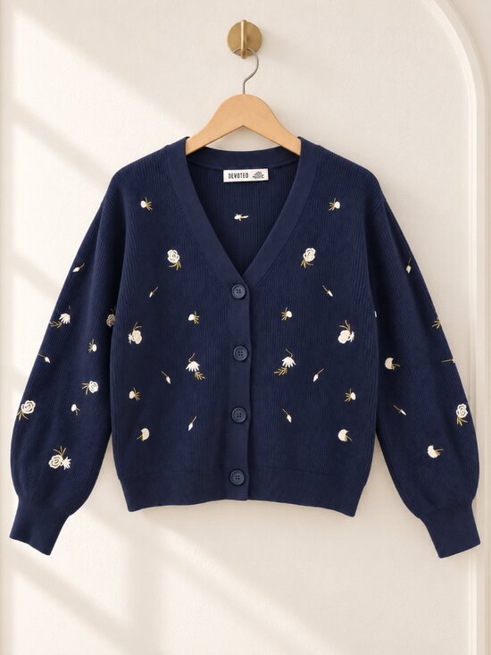 Devoted Sweaters - 🇨🇦 Devoted by Dex, Cardigan, Floral Embroidered Balloon Sleeve, Navy, Size XS